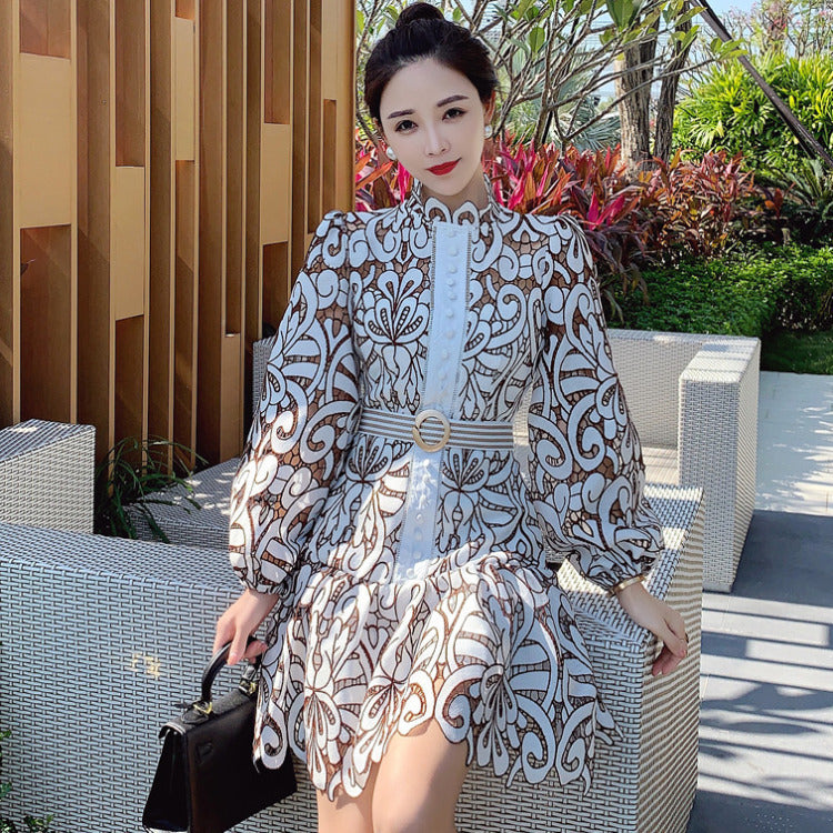 ong-Sleeve Embroidered Lace-Up Dress