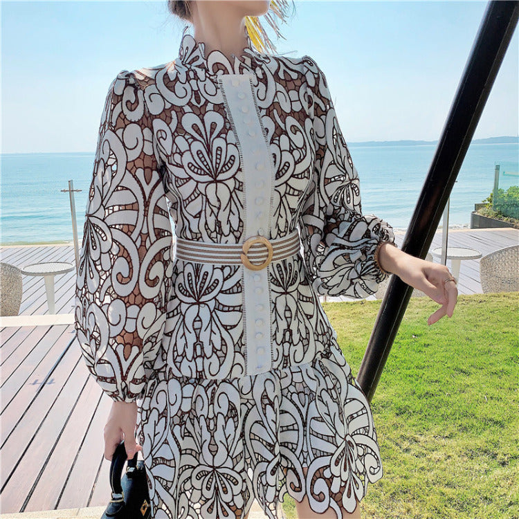 ong-Sleeve Embroidered Lace-Up Dress