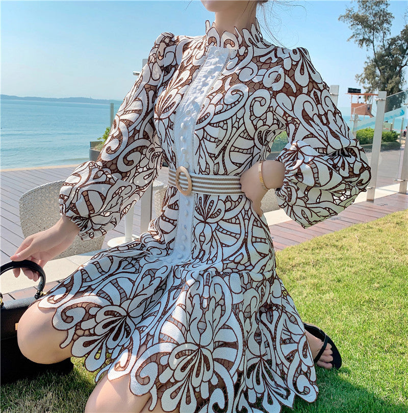 ong-Sleeve Embroidered Lace-Up Dress