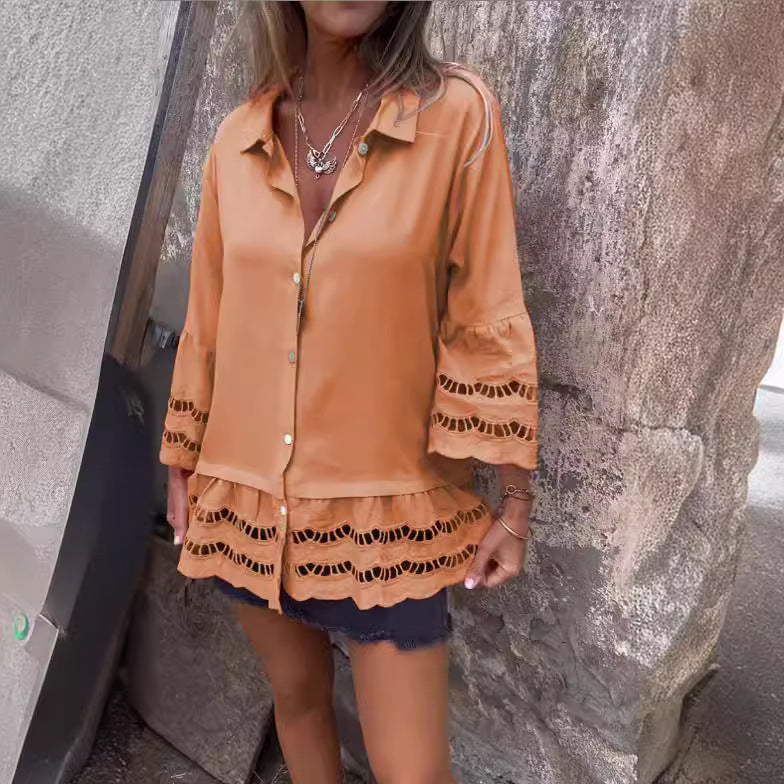 Lapel Lace Ruffle Long-Sleeve Top