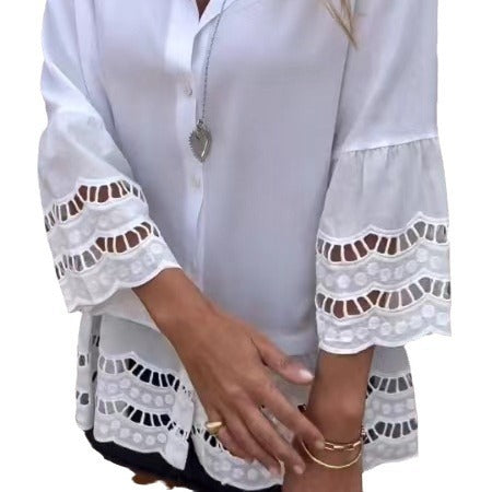 Lapel Lace Ruffle Long-Sleeve Top