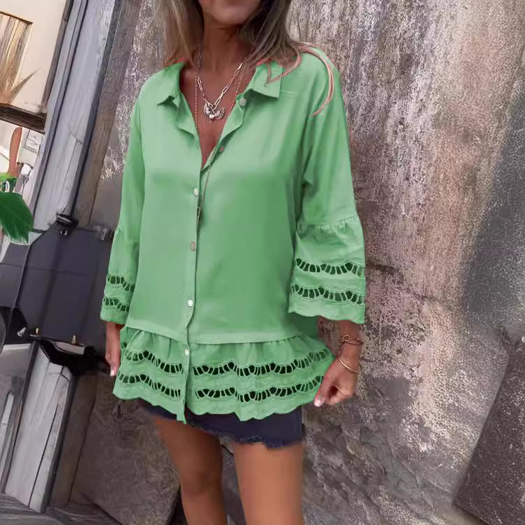 Lapel Lace Ruffle Long-Sleeve Top