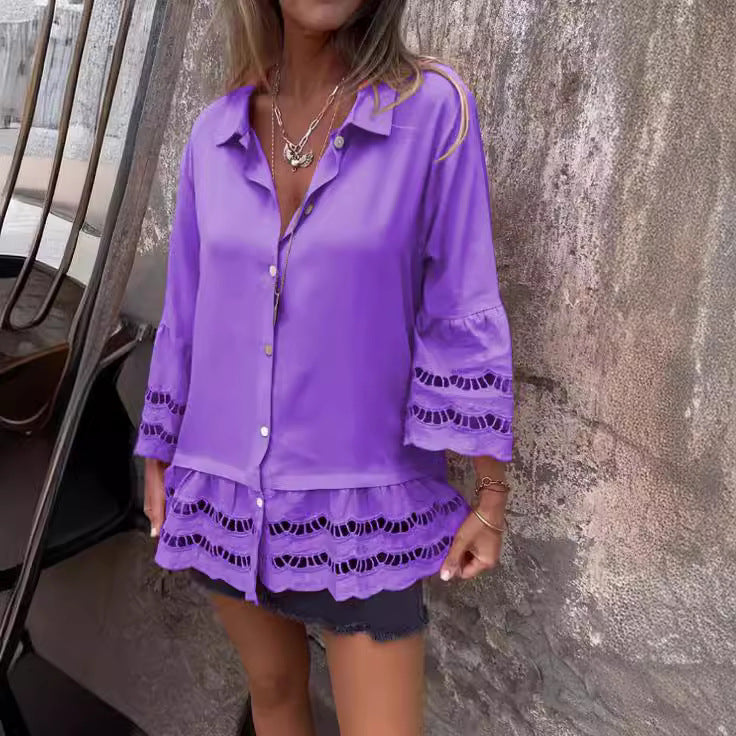 Lapel Lace Ruffle Long-Sleeve Top