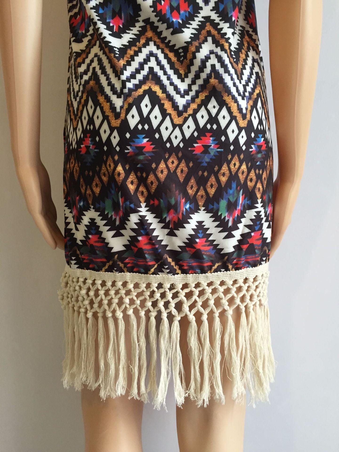 Diamond Print Halter Fringe Dress