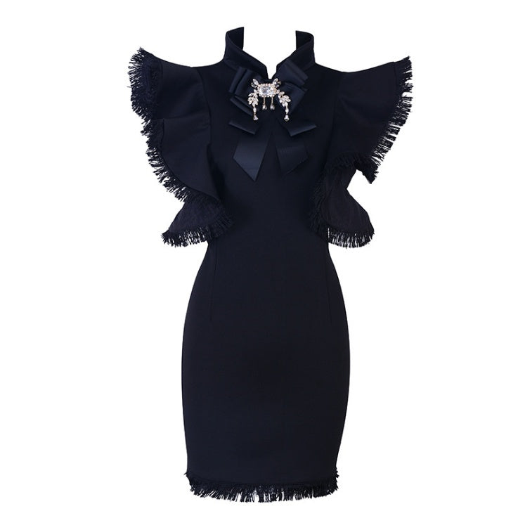 Ruffled fringed black dress– Elegant Statement Wear