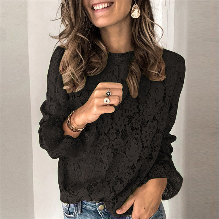 Womens Hollow Lace Horn-Sleeve Shirt