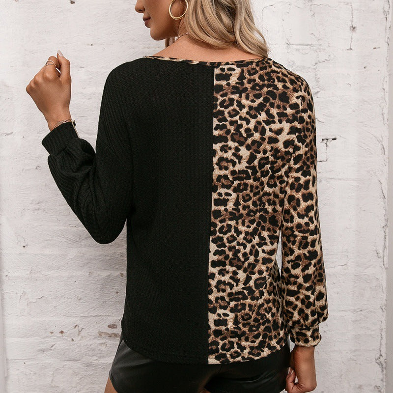 Leopard Colorblock Lace V-Neck Knit Top