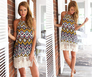 Diamond Print Halter Fringe Dress