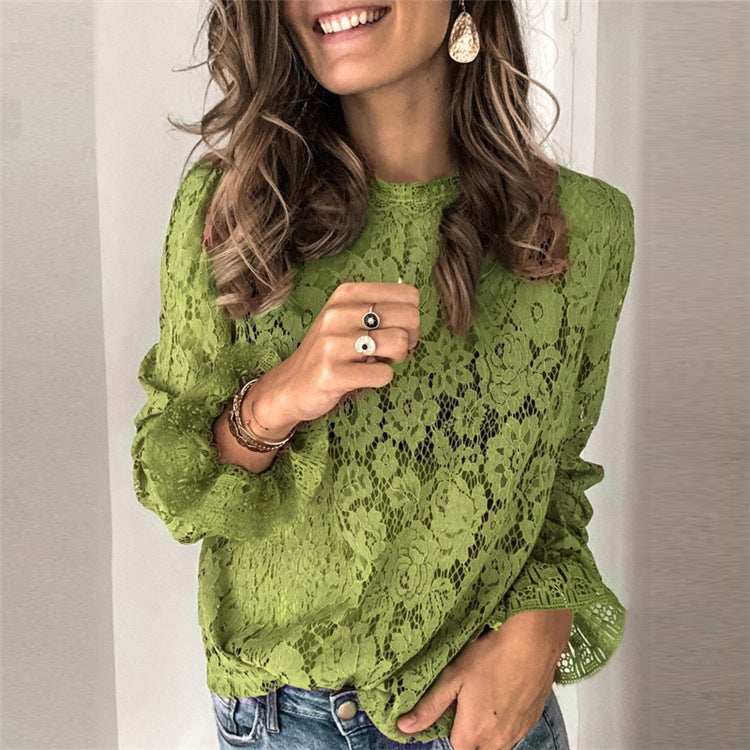 Womens Hollow Lace Horn-Sleeve Shirt
