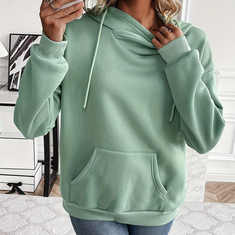 Solid Color Hooded Drawstring Front Pocket Long Sleeved