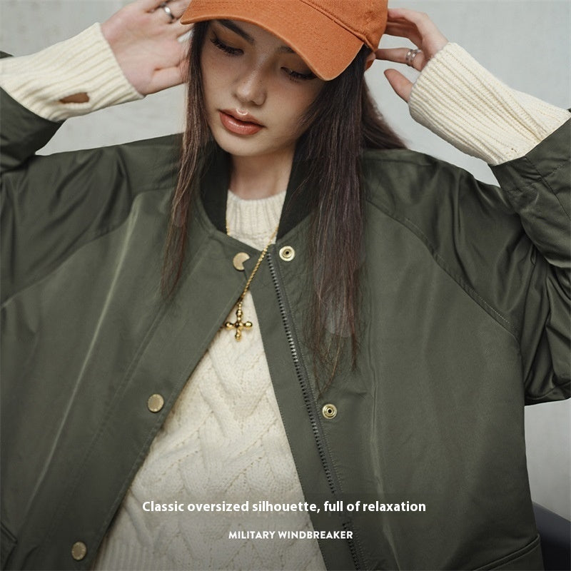 Retro Olive Green Loose Flip Pocket Trench Coat