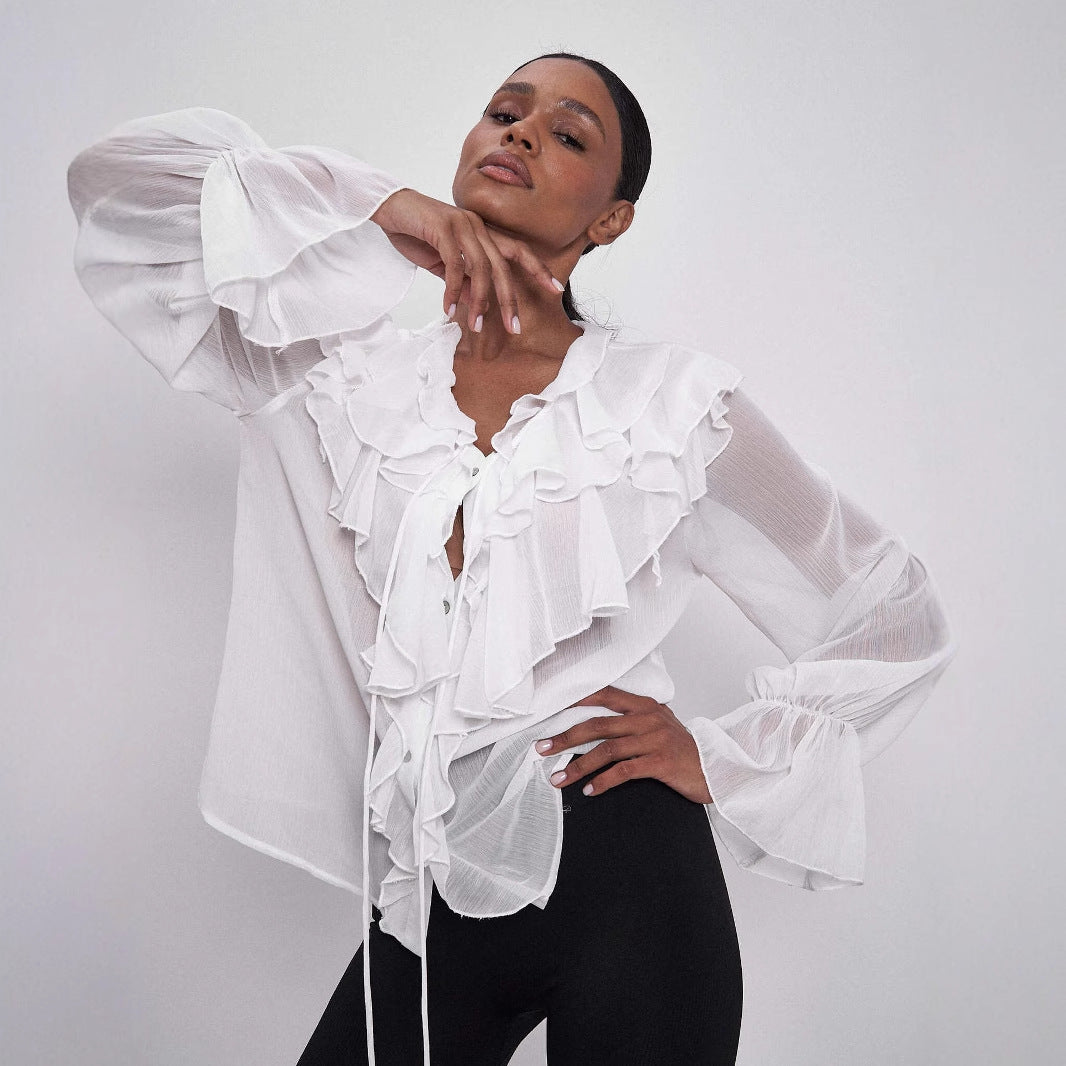 Women Lace-up Puff Sleeve Shirt