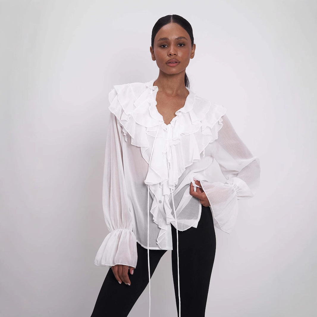 Women Lace-up Puff Sleeve Shirt