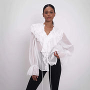 Women Lace-up Puff Sleeve Shirt