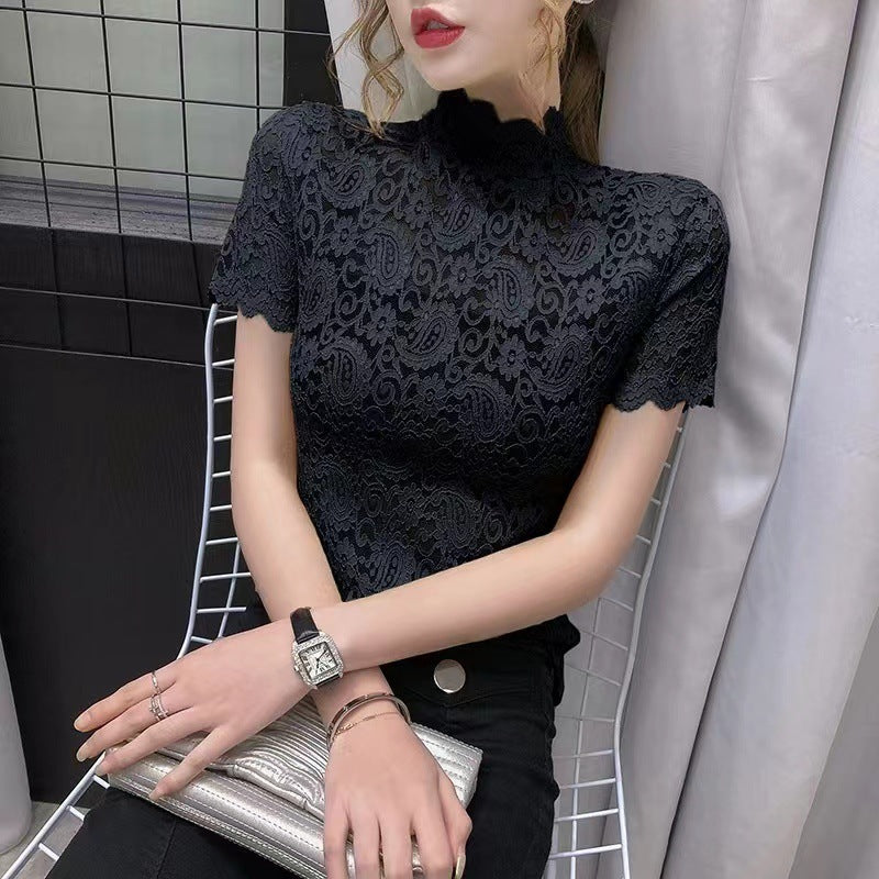 Paisley Lace Stand-up Collar Short-sleeved T-shirt
