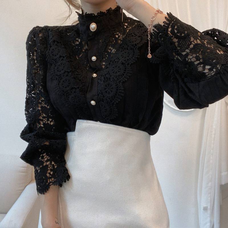 Womens Lace Stand Collar Blouse