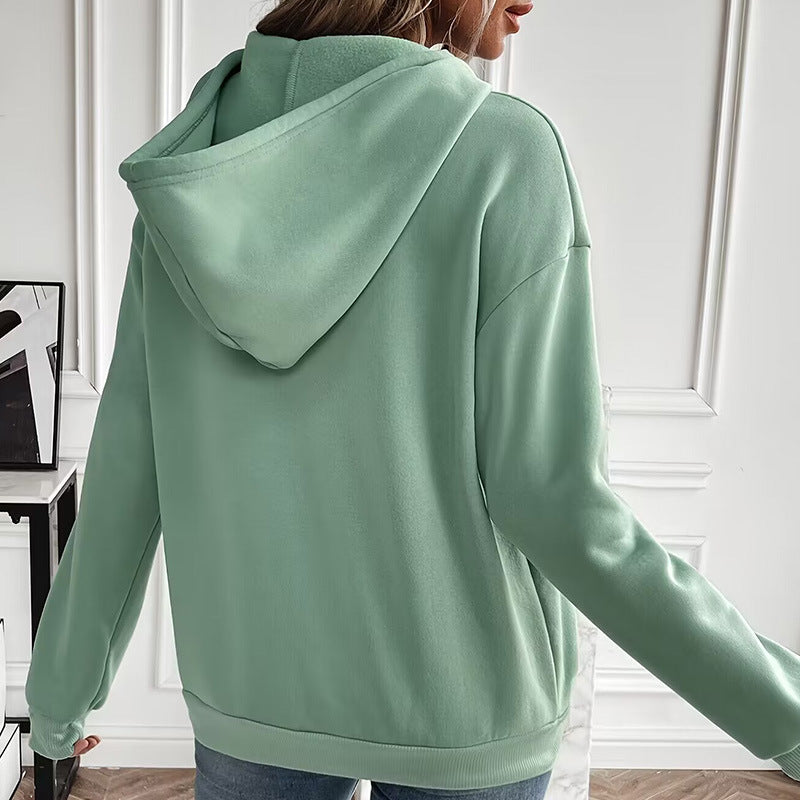 Solid Color Hooded Drawstring Front Pocket Long Sleeved