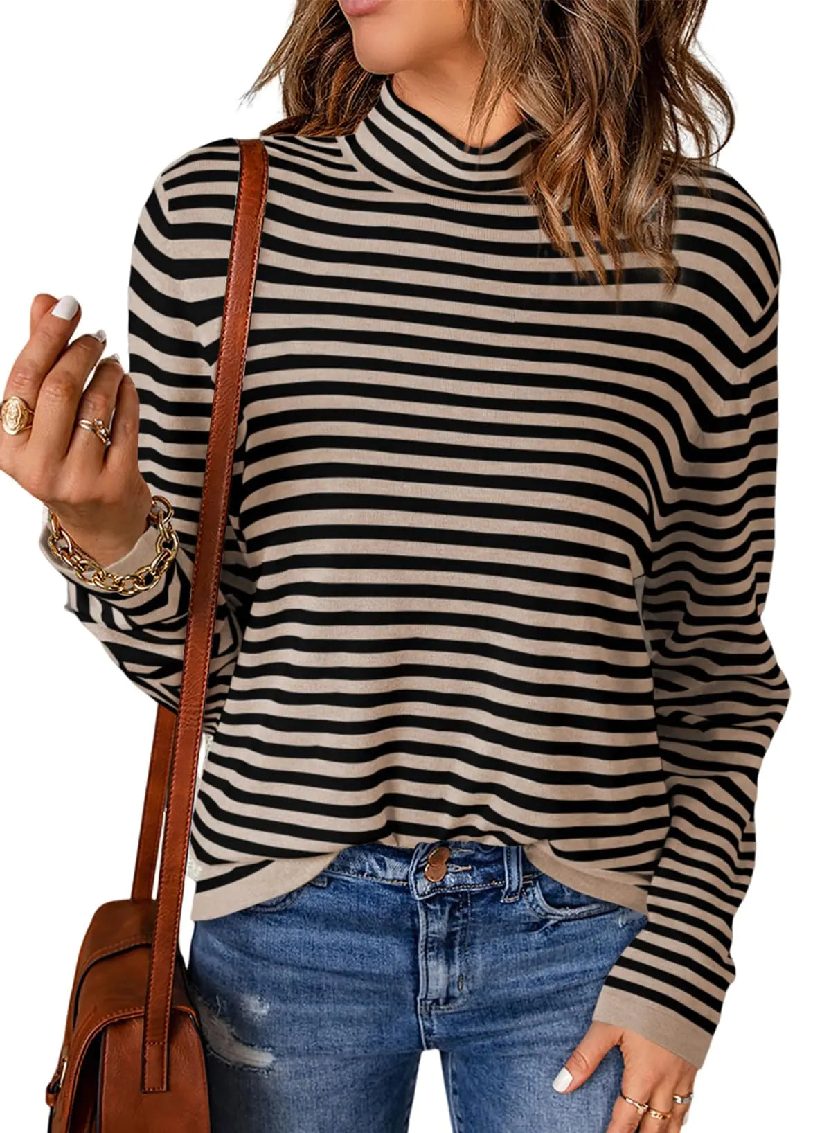 Dokotoo Womens Khaki Striped Turtleneck Sweater